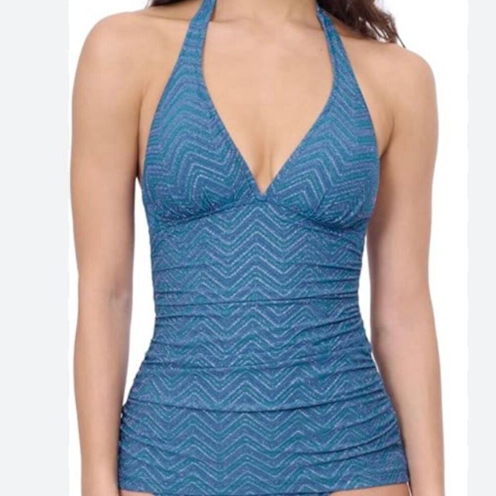 Profile by Gottex Jade Metallic Halter Ruched Molded Cup Tankini Top, Women’s 12